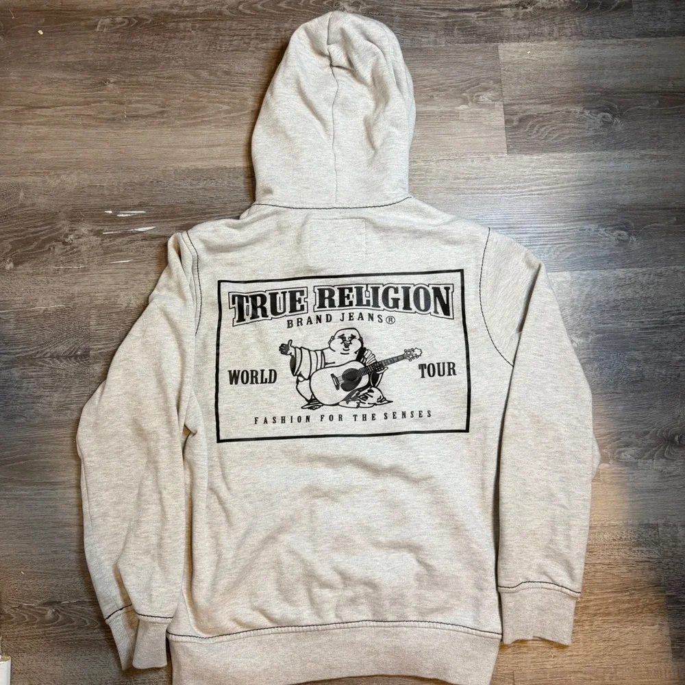 True Religion Mens Oatmeal Heather Buddha World Tour Zip Up Hoodie Grey Medium